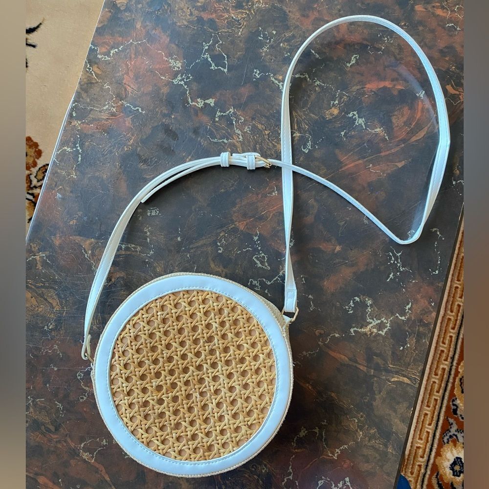 Francesca's Round Rattan Crossbody Purse Bag White and Cream